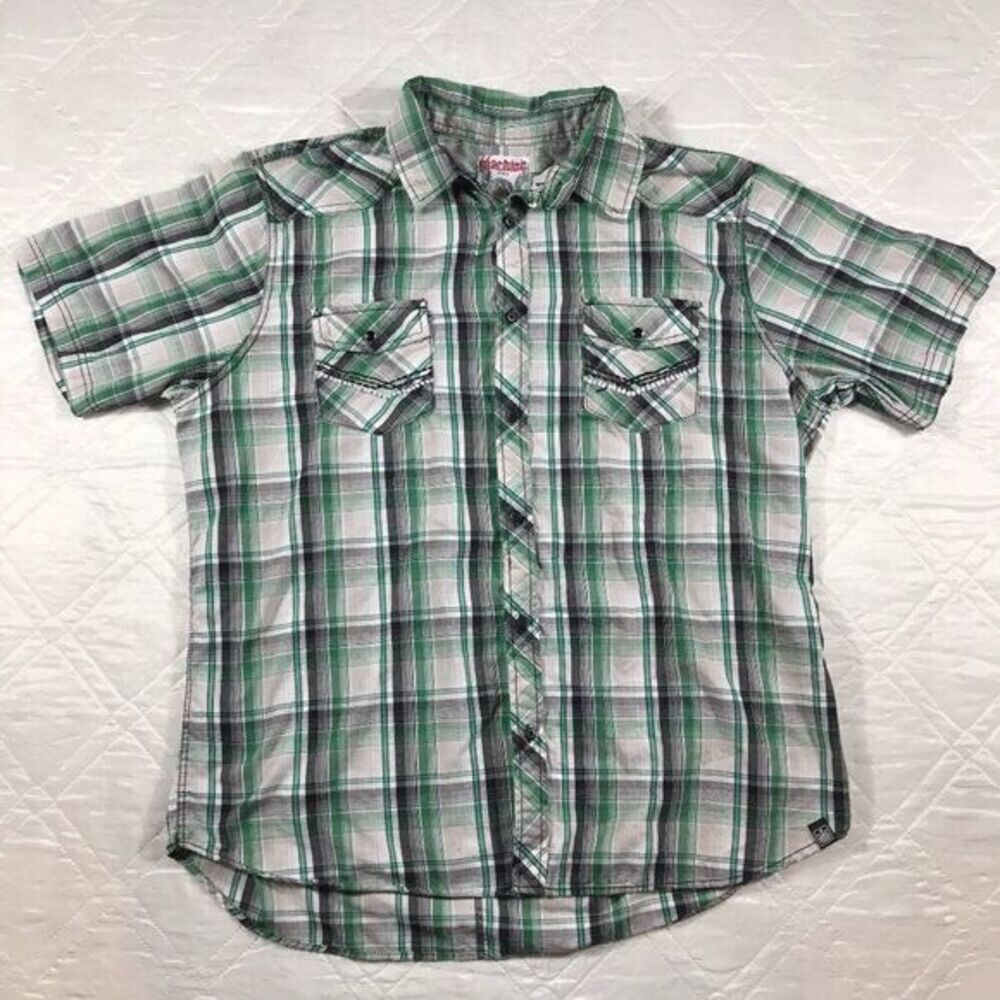machine green plaid 2 snap pockets short sleeve‎ shirt XXL